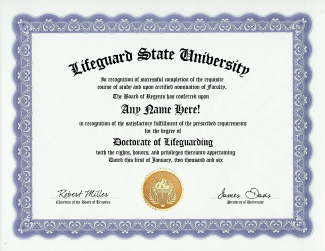 Lifeguard Diploma Life Guard Duty Degree Great Gag Gift