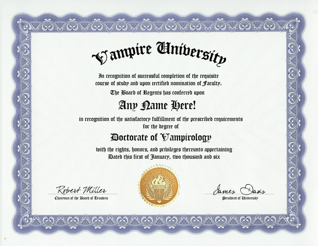 VAMPIRES DIPLOMA VAMPIROLOGY VAMP GOTH GOTHIC CUSTOM GAG GIFT on PopScreen