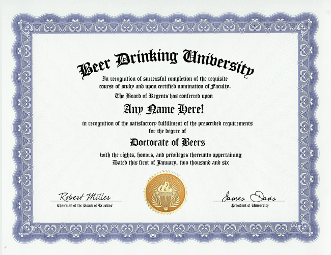 BEER DRINKING DIPLOMA  DRINKER BEERS DEGREE  GAG GIFT  