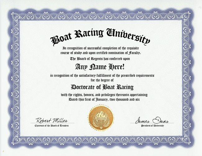 BOAT RACING DIPLOMA  BOATS RACES LOVER DEGREE  GAG GIFT  