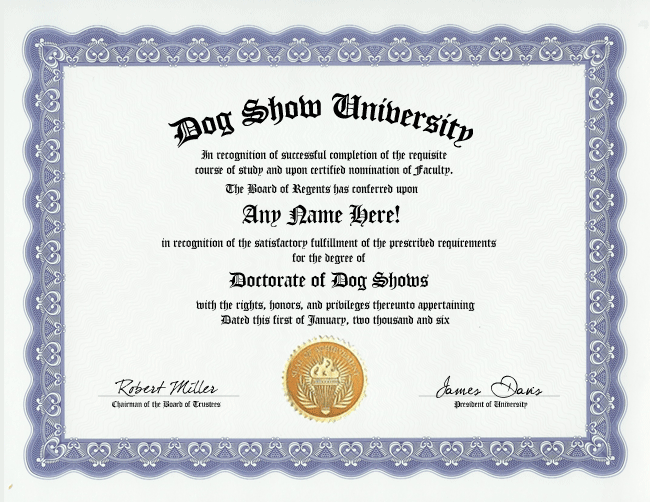 DOG SHOW DEGREE CUSTOM DIPLOMA